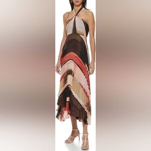DKNY Sleeveless Print Chiffon Pleated Halter Dress - NWOT